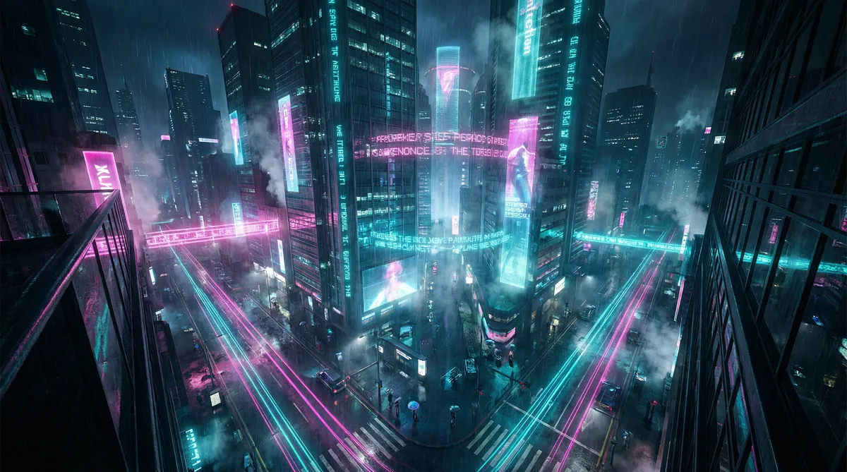 芒果视频社区 竖屏短剧平台首页背景 - 赛博朋克都市夜景